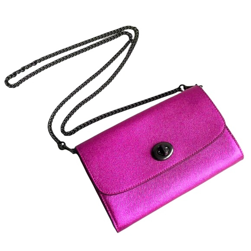 Coach Wallet On a Chain In Metallic pink Crossgrain Leather